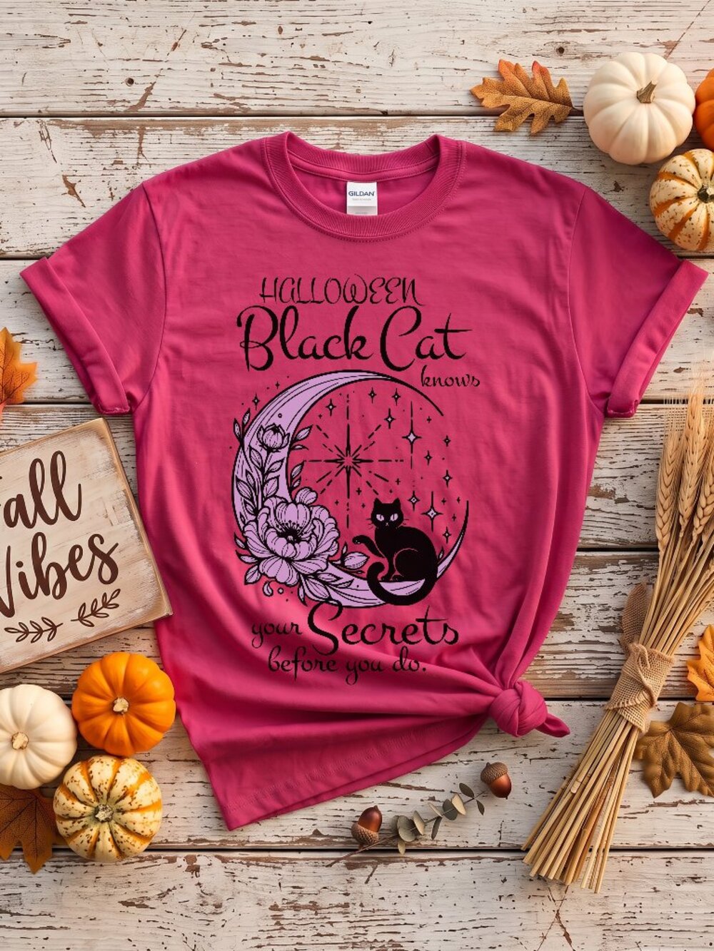 Quirky Qoute Halloween Black Cat with Moon and Wildflowers Graphic T-Shirt